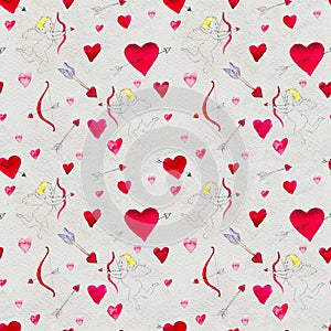 Happy Valentines Day. Seamless pattern with red watercolor hearts cupid with bow and arrow.