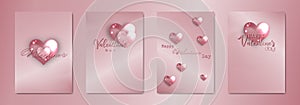 Happy Valentines day set card. Glowing pink glass hearts on gold rose paper background. Holiday poster with text, jewels