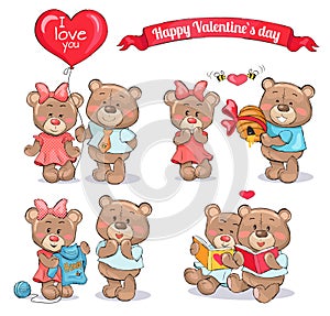 Happy Valentines Day Set of Teddy Bears Couples