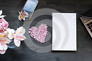 Happy Valentines day smart phone display. Table cloth on wooden background