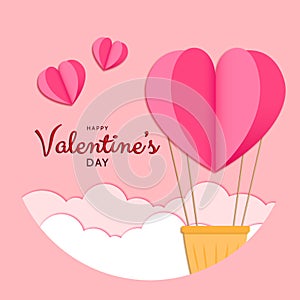 Happy valentines day square banner background template with pink love air balloon paper cut in cute vector illustration design for