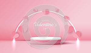 Happy valentines day and stage podium decorated with heart shape lighting. pedestal scene with for product, cosmetic, advertising