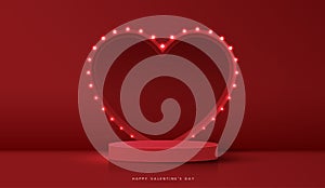 Happy valentines day and stage podium decorated with heart shape lighting. pedestal scene with for product, cosmetic, advertising