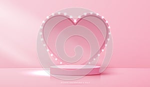 Happy valentines day and stage podium decorated with heart shape lighting. pedestal scene with for product, cosmetic, advertising