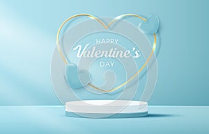 Happy valentines day and stage podium decorated with heart shape lighting. pedestal scene with for product, cosmetic, advertising