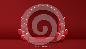 Happy valentines day and stage podium decorated with heart shape. pedestal scene with for product, cosmetic, advertising, show,