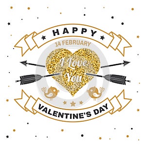 Happy Valentines Day. Stamp, badge, card with birds and heart with arrows. Vector. Vintage typography design for