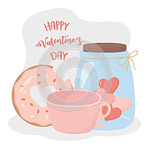 Happy valentines day sweet donut coffee cup jar glass heart love card