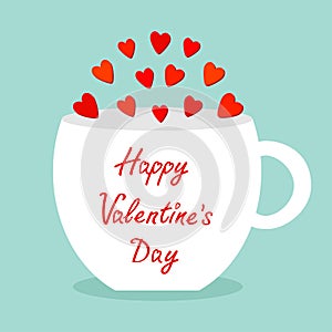Happy Valentines Day. Teacup mug Tee coffee cup with red heart set. Love greeting card. Flat design. Cute food decoration. Blue ba
