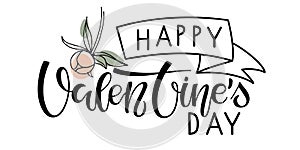 Happy Valentines Day text with flower decor. Valentines Day greeting card template. Vector phrase illustration to