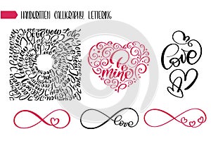 Happy Valentines Day text love for greeting card. Infinite sign romantic hearts with calligraphic phrases isolated on