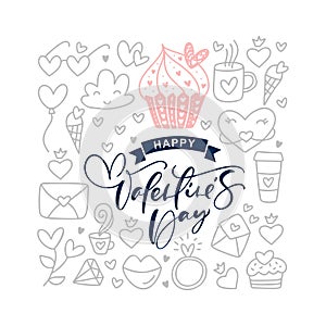 Happy Valentines day text with vintage doodle vector elements. Hand drawn love poster heart, diamond, envelope, cake