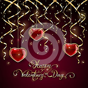 Happy Valentines Day with tinsel and hearts on dark background
