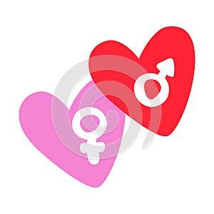 Happy Valentines Day. Two hearts with the image of the gender symbol of male and female intersect. Postcard or gift idea. Square