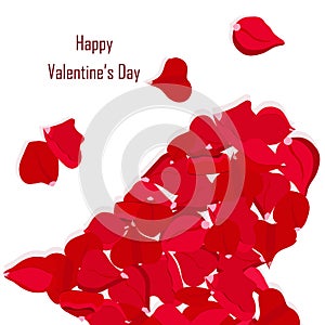 Happy Valentines Day typography banner, rose petals heart. Red petals heart shape on white shadows