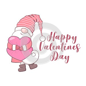 Happy Valentines Day vector card with cute hand drawn gnome and lettering isolated on white background. Illustration for banner,