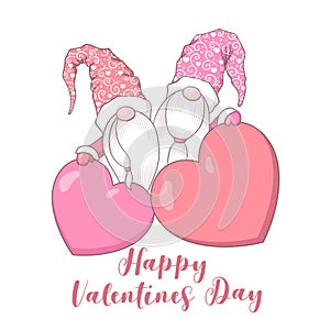 Happy Valentines Day vector card with cute hand drawn gnomes and lettering isolated on white background. Illustration for banner,