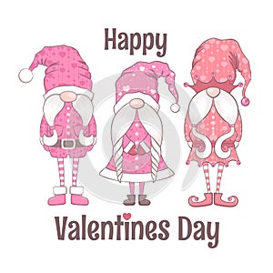 Happy Valentines Day vector card with cute hand drawn gnomes and lettering isolated on white background. Illustration for t-shirt