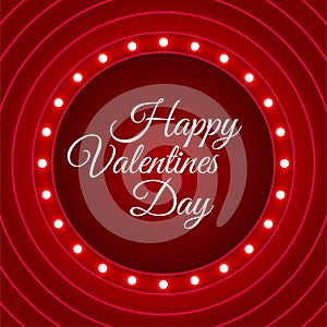 Happy valentines day. Vector empty retro circus billboard frame with electric bright glowing lamps. Light bulbs circle shape