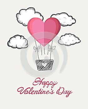 Happy valentines day vector with heart hot air balloon