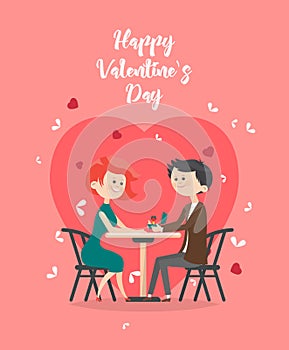 Happy Valentines Day vector illustration. Greeting card with young couple in love. Valentine`s background in flat