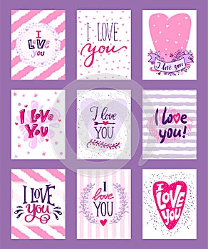 Happy Valentines day vector illustration. Set of Valentines romantic greeting card, invitation, poster design templates