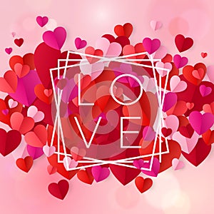 Happy valentines day and wedding design elements. Text design Love in white frame on pink background with hearts. Vector