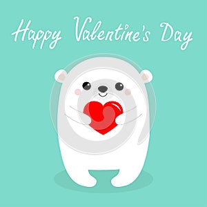 Happy Valentines Day. White baby bear head face holding red heart. Cute cartoon kawaii funny animal character. Love card. Flat