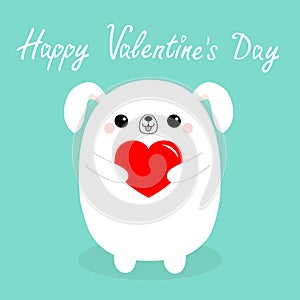 Happy Valentines Day. White baby dog puppy head face holding red heart. Cute cartoon kawaii funny animal character. Love card.