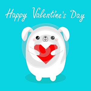 Happy Valentines Day. White baby dog puppy head face holding red origami paper heart. Cute cartoon kawaii funny animal character.