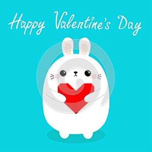 Happy Valentines Day. White baby rabbit hare puppy head face holding red origami paper heart. Cute cartoon kawaii funny animal