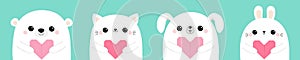 Happy Valentines Day. White bear rabbit hare dog puppy cat kitten head face set holding pink origami paper heart. Cute cartoon