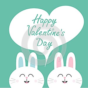 Happy Valentines Day. White bunny rabbit couple. Heart frame template. Cute cartoon smiling character twins. Baby greeting card. G