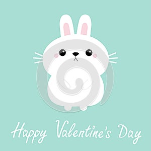Happy Valentines Day. White bunny rabbit hare icon. Funny head face. Cute kawaii cartoon round character. Pink cheeks. Baby