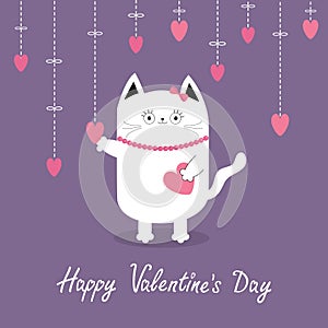 Happy Valentines Day. White cat Hanging pink hearts. Dash line. Heart set Cute cartoon character. Kawaii animal. Love Greeting car