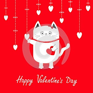 Happy Valentines Day. White cat Hanging white hearts. Dash line.