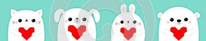 Happy Valentines Day. White cat kitten bear dog puppy rabbit hare head face set holding red origami paper heart. Cute cartoon