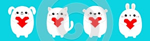 Happy Valentines Day. White cat kitten bear dog puppy rabbit hare set holding red origami paper heart. Cute cartoon kawaii funny