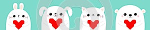 Happy Valentines Day. White cat kitten rabbit hare bear dog puppy head face set holding red origami paper heart. Cute cartoon