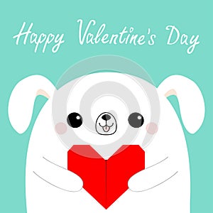 Happy Valentines Day. White dog puppy head face holding red origami paper heart. Cute cartoon kawaii funny baby animal character.