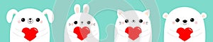 Happy Valentines Day. White dog puppy rabbit hare bear cat kitten head face set holding red paper heart. Cute cartoon kawaii funny