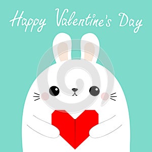 Happy Valentines Day. White rabbit hare puppy head face holding red origami paper heart. Cute cartoon kawaii funny baby animal