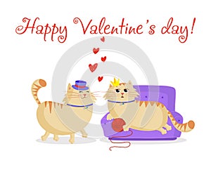 Happy valentines postcard with cute cartoon couple of cats in love