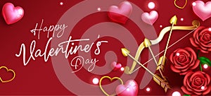 Happy valentines vector background design. Happy valentine`s day typography text with romantic red roses and cupid`s bow.