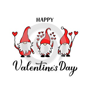 Happy Valentineâ€™s Day calligraphy hand lettering with cute cartoon gnomes. Vector template for Valentines card, flyer, banner,