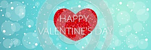 Happy Valentineâ€™s day long banner with glitter red heart on blue background