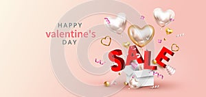 Happy Valentineâ€™s Day,Pink watercolor style,Sale promotion banner, poster or flyer vector illustration 3D style,