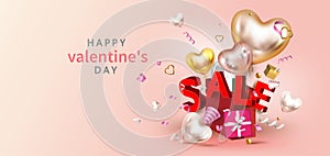 Happy Valentineâ€™s Day,Pink watercolor style,Sale promotion banner, poster or flyer vector illustration 3D style