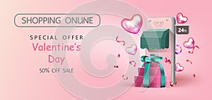 Happy Valentineâ€™s Day,Pink watercolor style,Sale promotion banner, poster or flyer vector illustration 3D style,