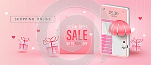 Happy Valentineâ€™s Day,Pink watercolor style,Sale promotion banner, poster or flyer vector illustration 3D style